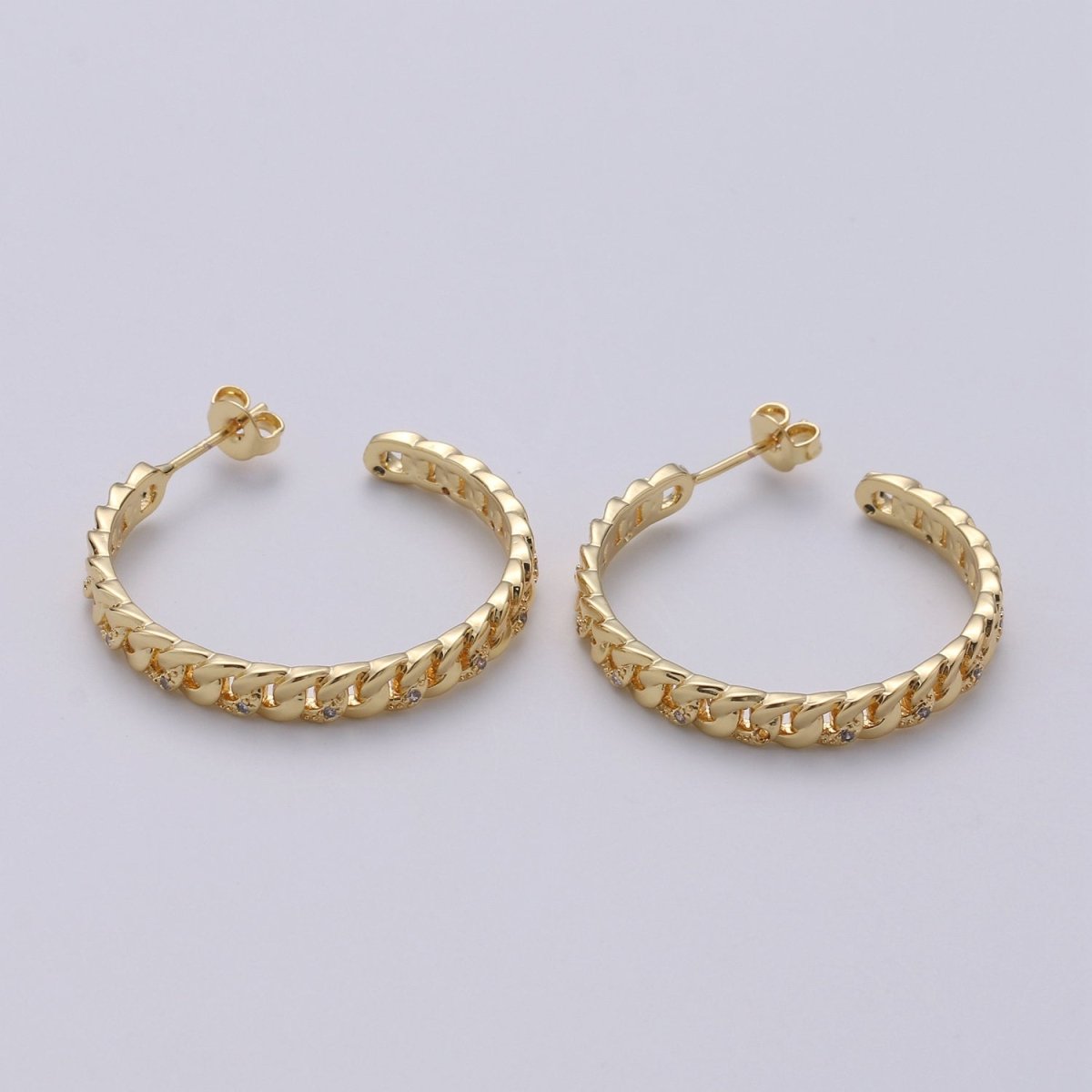Gold plated Curb Chain Link 30mm C Shaped Hoop Stud Earrings in Gold & Silver Q-191 Q-192