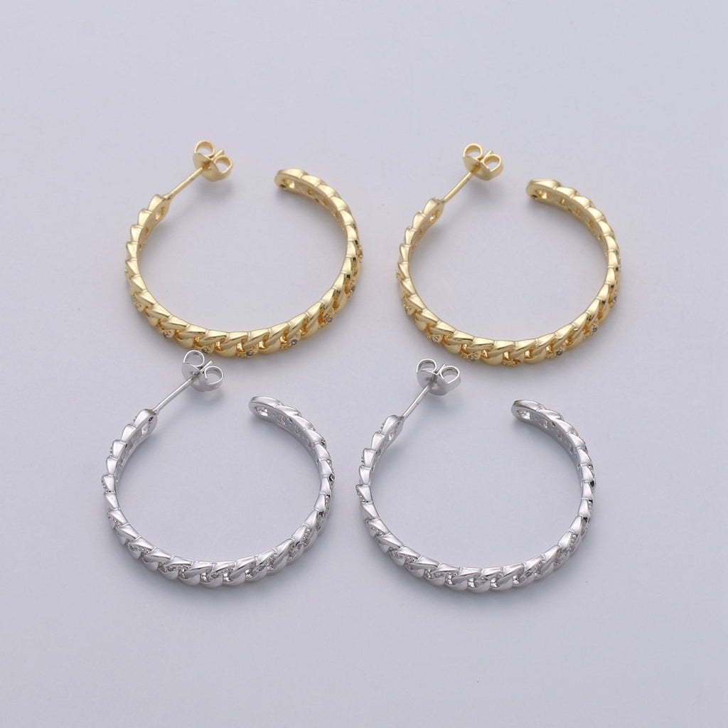 Gold plated Curb Chain Link 30mm C Shaped Hoop Stud Earrings in Gold & Silver Q-191 Q-192