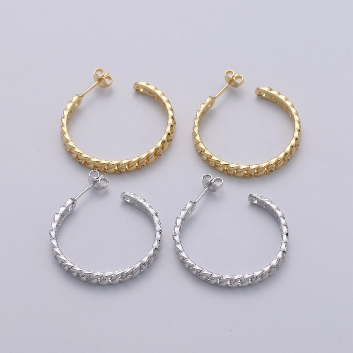 Gold plated Curb Chain Link 30mm C Shaped Hoop Stud Earrings in Gold & Silver Q-191 Q-192
