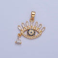Gold plated CZ Evil Eye Pendant, Clear & Blue Micro Pave Eye of Ra, Baguette & Teardrop Cubic Zirconia Protection Charm For Jewelry Making H-015 - DLUXCA