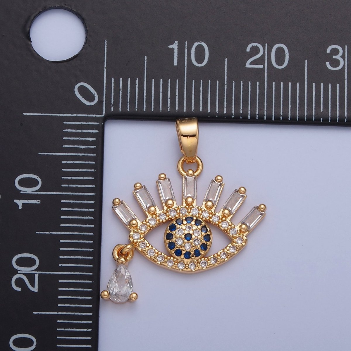 Gold plated CZ Evil Eye Pendant, Clear & Blue Micro Pave Eye of Ra, Baguette & Teardrop Cubic Zirconia Protection Charm For Jewelry Making H-015 - DLUXCA