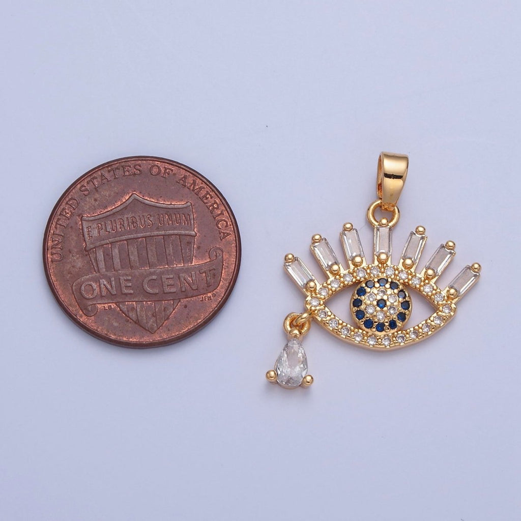 Gold plated CZ Evil Eye Pendant, Clear & Blue Micro Pave Eye of Ra, Baguette & Teardrop Cubic Zirconia Protection Charm For Jewelry Making H-015 - DLUXCA