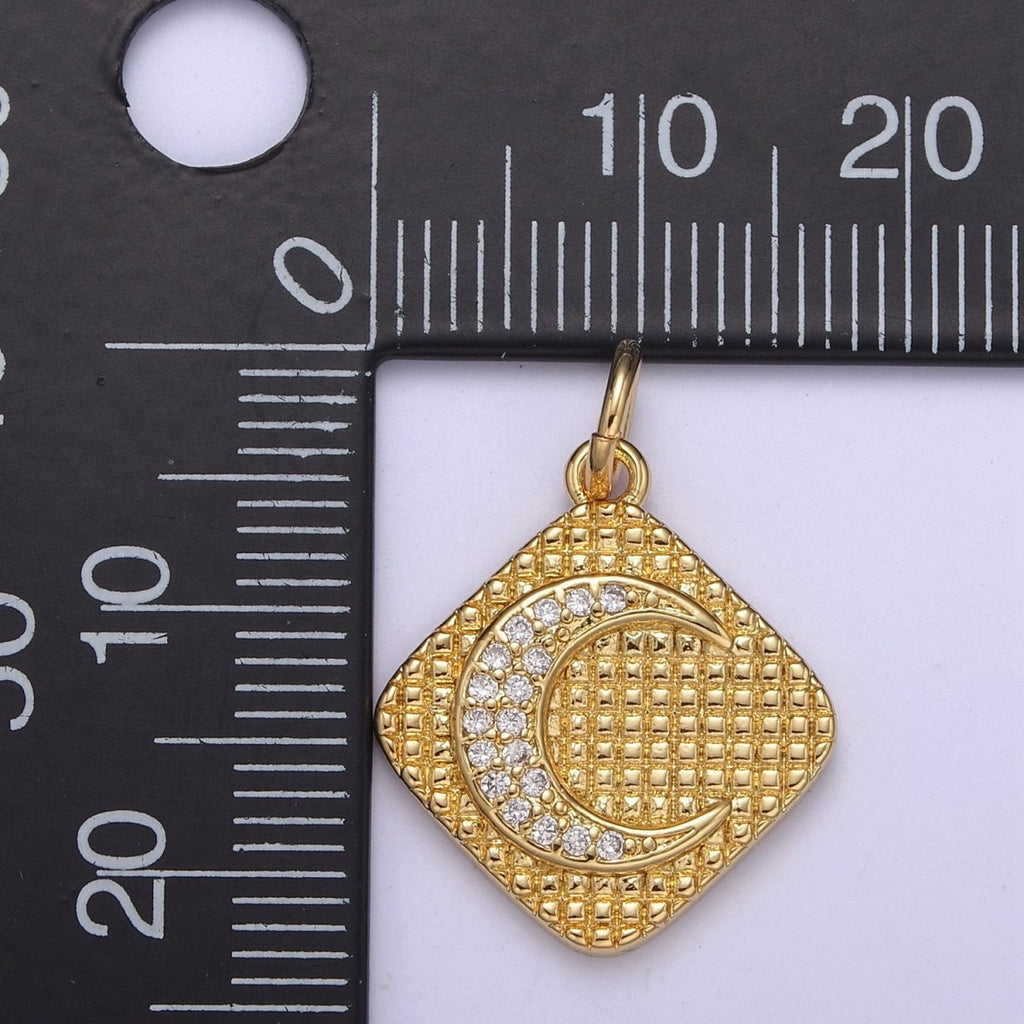 Gold plated CZ Micro Pave Crescent Moon Medallion Pendant, 24K Gold plated Rhombus Charm, Necklace Bracelet PendantC-436 - DLUXCA