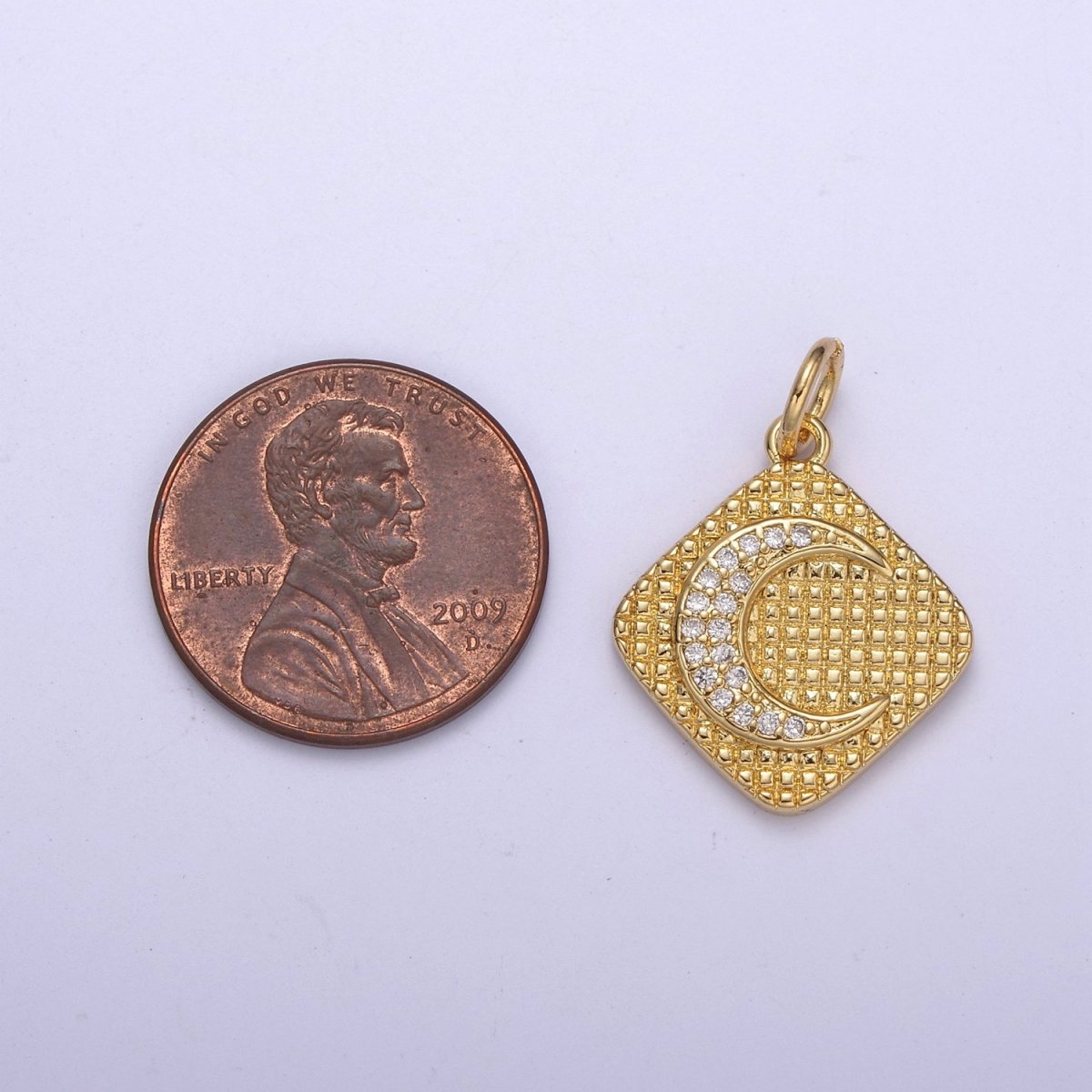 Gold plated CZ Micro Pave Crescent Moon Medallion Pendant, 24K Gold plated Rhombus Charm, Necklace Bracelet PendantC-436 - DLUXCA