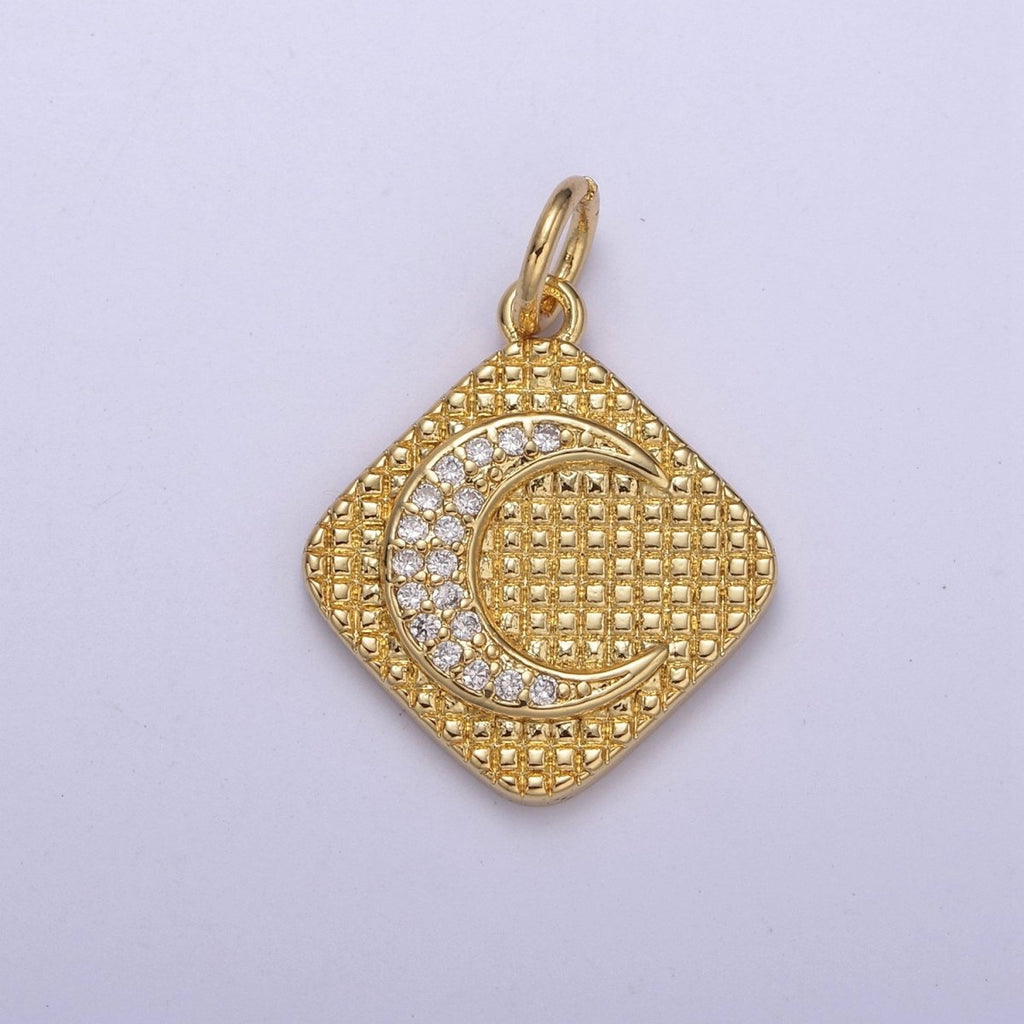 Gold plated CZ Micro Pave Crescent Moon Medallion Pendant, 24K Gold plated Rhombus Charm, Necklace Bracelet PendantC-436 - DLUXCA