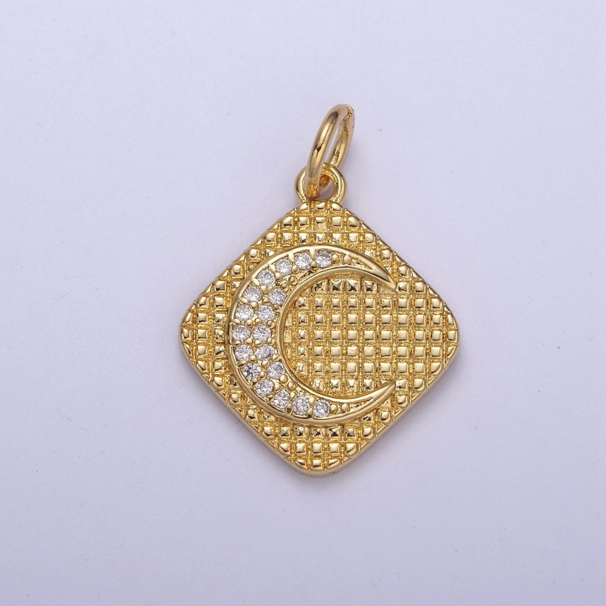 Gold plated CZ Micro Pave Crescent Moon Medallion Pendant, 24K Gold plated Rhombus Charm, Necklace Bracelet PendantC-436 - DLUXCA