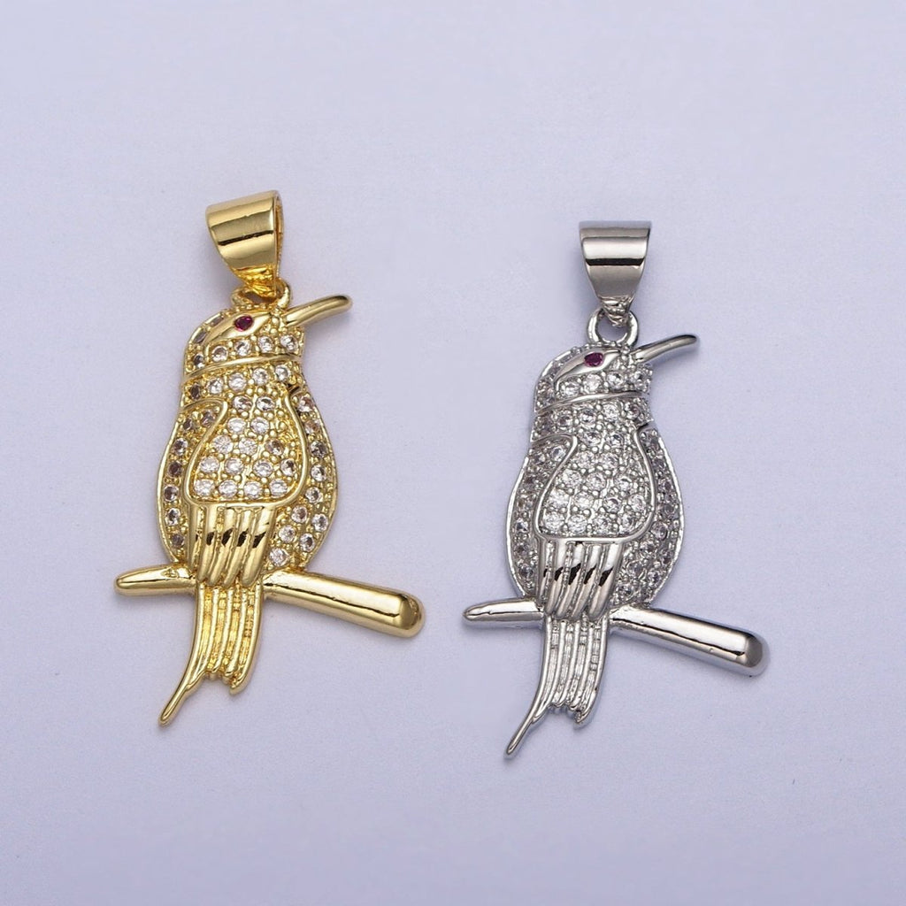 Gold-plated CZ Micro Paved Fuchsia-Eyed Bird Perched on Branch Pendant in Gold & Silver | AA004 AA005