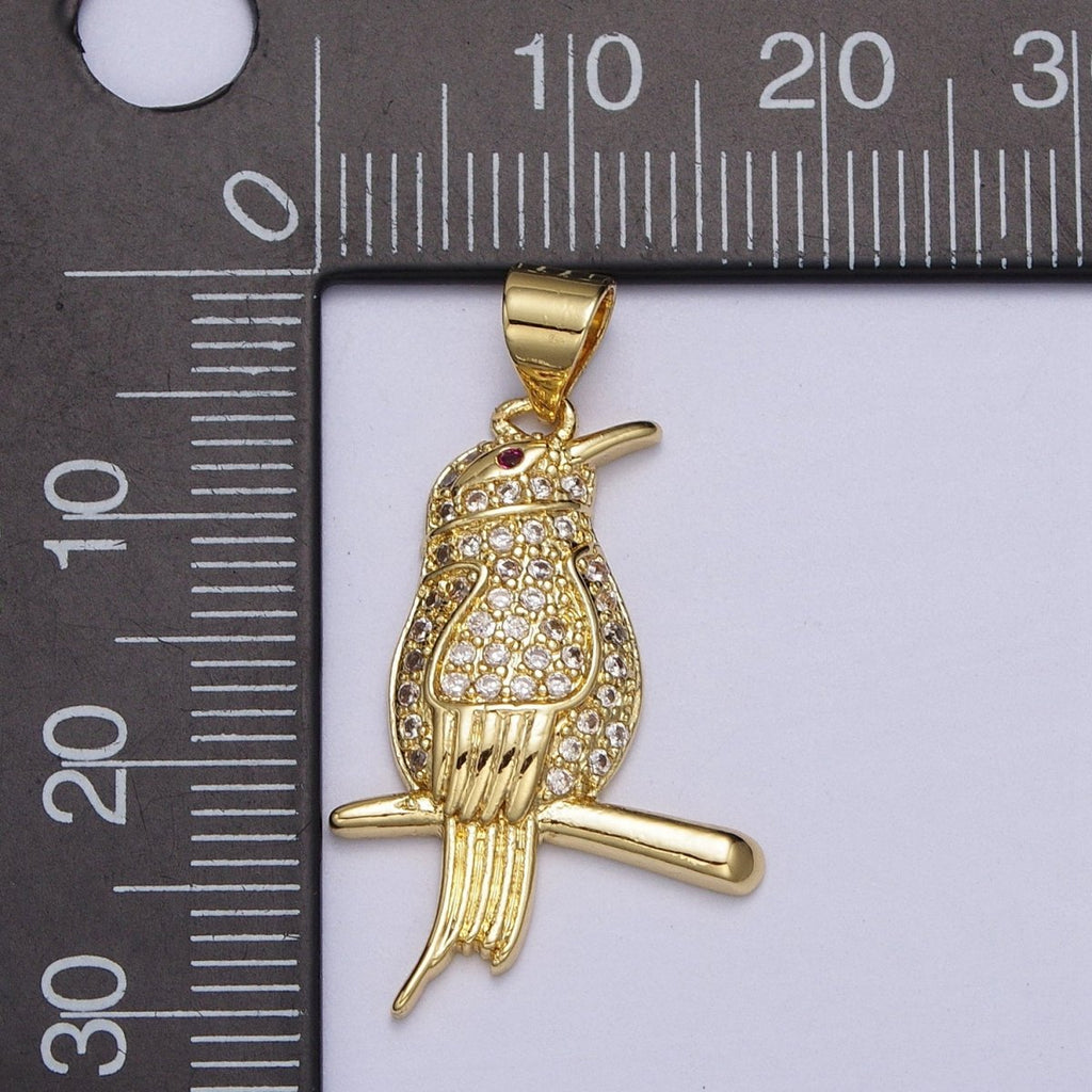 Gold-plated CZ Micro Paved Fuchsia-Eyed Bird Perched on Branch Pendant in Gold & Silver | AA004 AA005