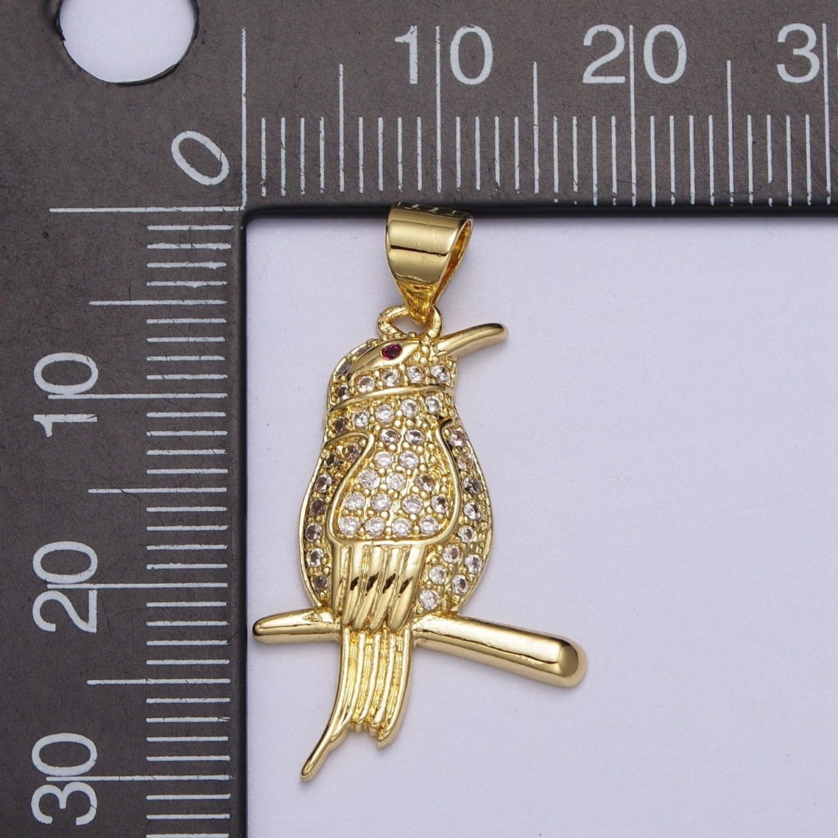 Gold-plated CZ Micro Paved Fuchsia-Eyed Bird Perched on Branch Pendant in Gold & Silver | AA004 AA005