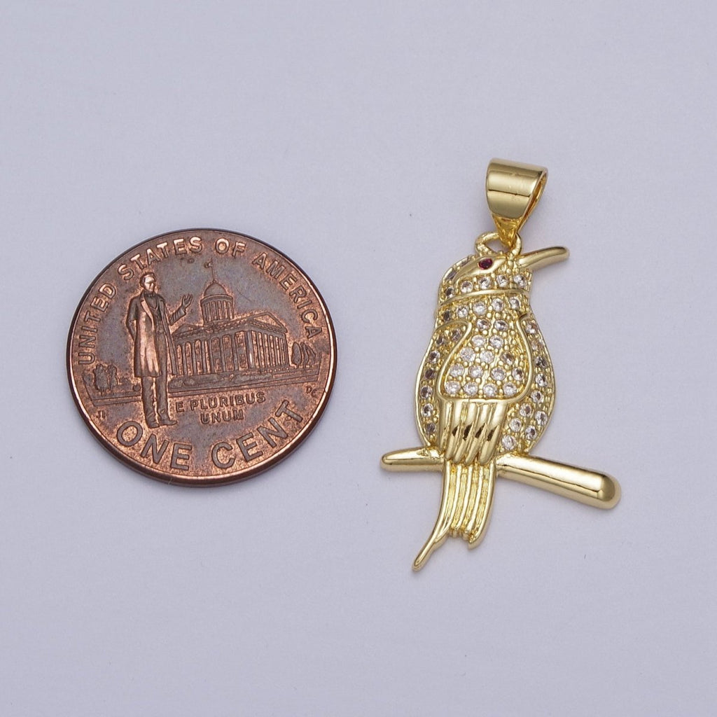 Gold-plated CZ Micro Paved Fuchsia-Eyed Bird Perched on Branch Pendant in Gold & Silver | AA004 AA005