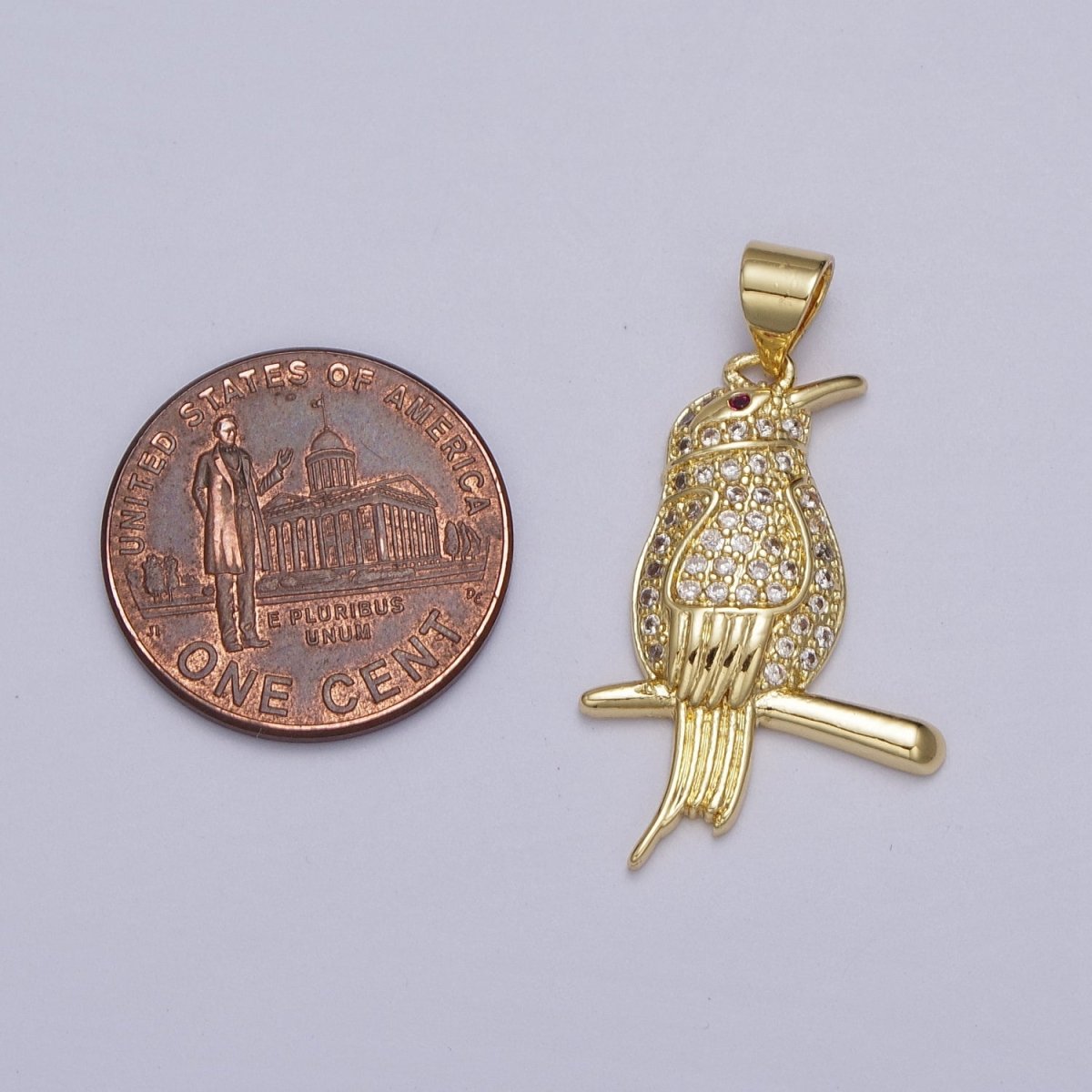 Gold-plated CZ Micro Paved Fuchsia-Eyed Bird Perched on Branch Pendant in Gold & Silver | AA004 AA005
