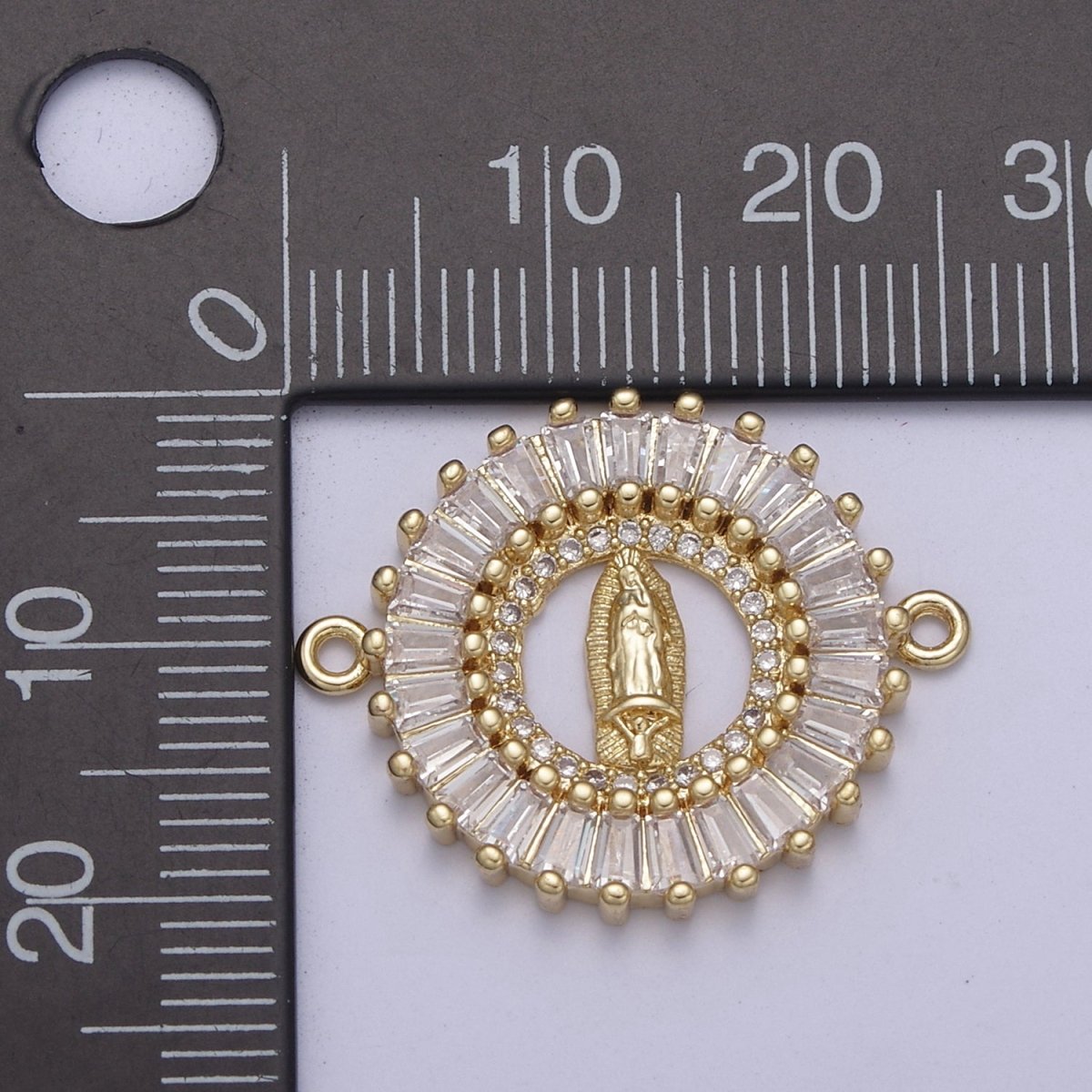 Gold plated CZ Virgin Mary On Round Coin Shape Connector, 14K Gold plated Lady of Guadalupe Baguette Link Connector F-173 - DLUXCA