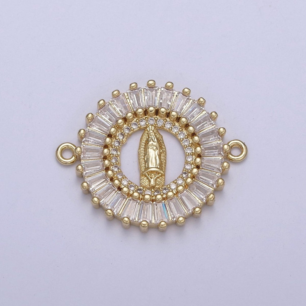 Gold plated CZ Virgin Mary On Round Coin Shape Connector, 14K Gold plated Lady of Guadalupe Baguette Link Connector F-173 - DLUXCA