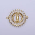 Gold plated CZ Virgin Mary On Round Coin Shape Connector, 14K Gold plated Lady of Guadalupe Baguette Link Connector F-173 - DLUXCA