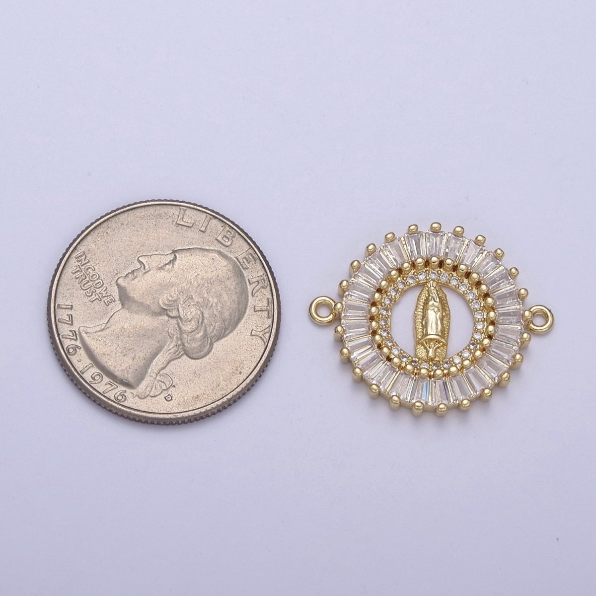 Gold plated CZ Virgin Mary On Round Coin Shape Connector, 14K Gold plated Lady of Guadalupe Baguette Link Connector F-173 - DLUXCA