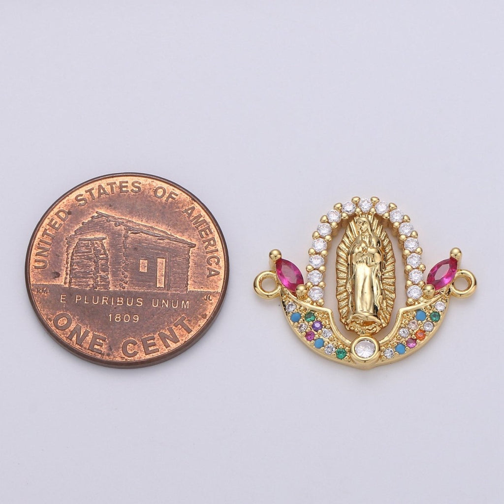 Gold plated Divine Virgin Mother Immaculate Mary Micro Pave Turquoise CZ Cubic Zirconia Flower Bracelet Charm for Necklace Earrings Supply F-452 - DLUXCA