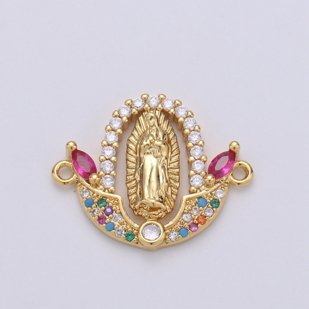 Gold plated Divine Virgin Mother Immaculate Mary Micro Pave Turquoise CZ Cubic Zirconia Flower Bracelet Charm for Necklace Earrings Supply F-452 - DLUXCA
