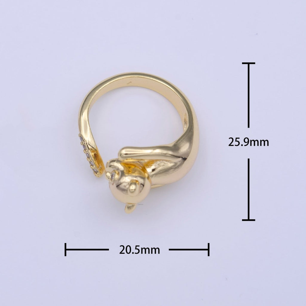 Gold plated Dog Pug Chasing Tail Micro Paved CZ Adjustable Ring | Y-418 - DLUXCA