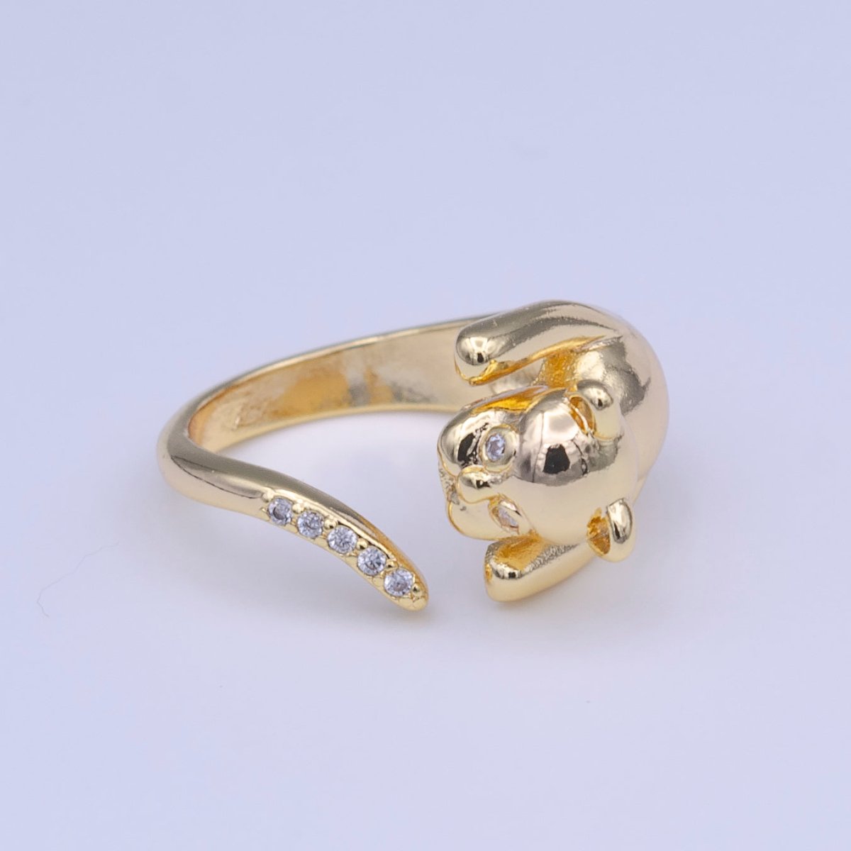 Gold plated Dog Pug Chasing Tail Micro Paved CZ Adjustable Ring | Y-418 - DLUXCA