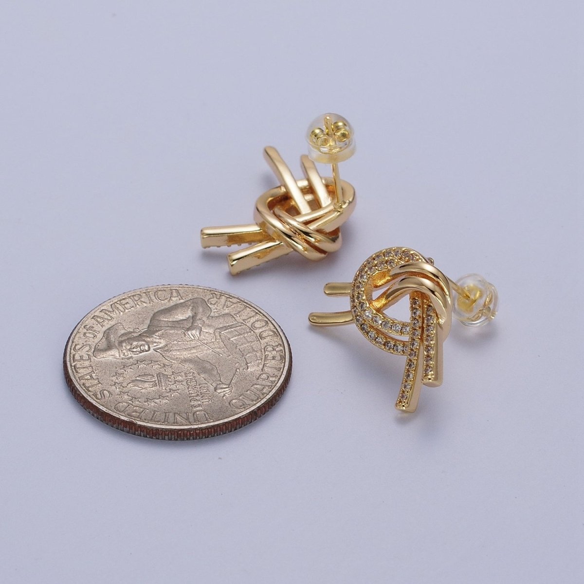 Gold plated Double Band Micro Paved Geometric Heart Stud Earrings | Y-148 - DLUXCA