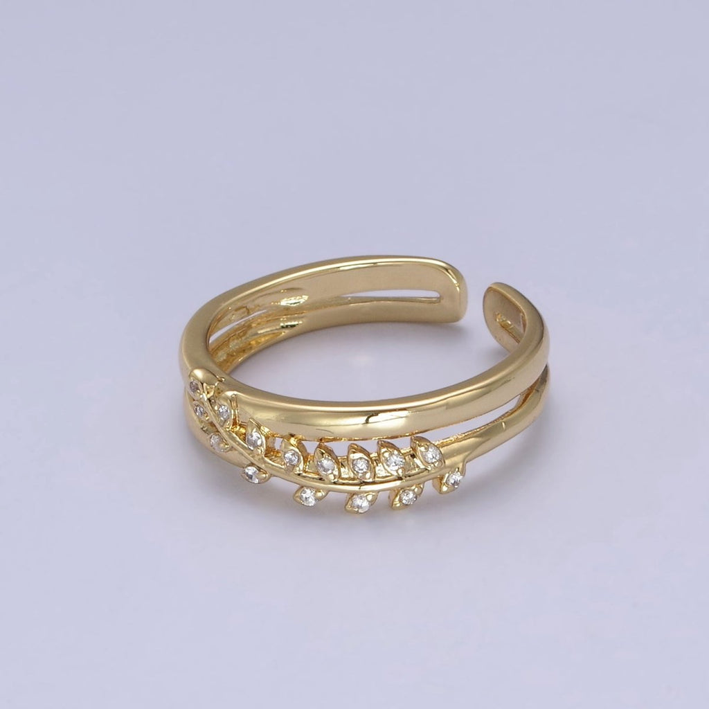 Gold plated Double Olive Branch Vine with Crystal Zirconia CZ Band Adjustable Ring in 24K Gold & Silver | U-386 U-387