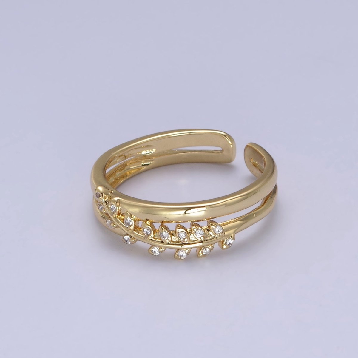 Gold plated Double Olive Branch Vine with Crystal Zirconia CZ Band Adjustable Ring in 24K Gold & Silver | U-386 U-387