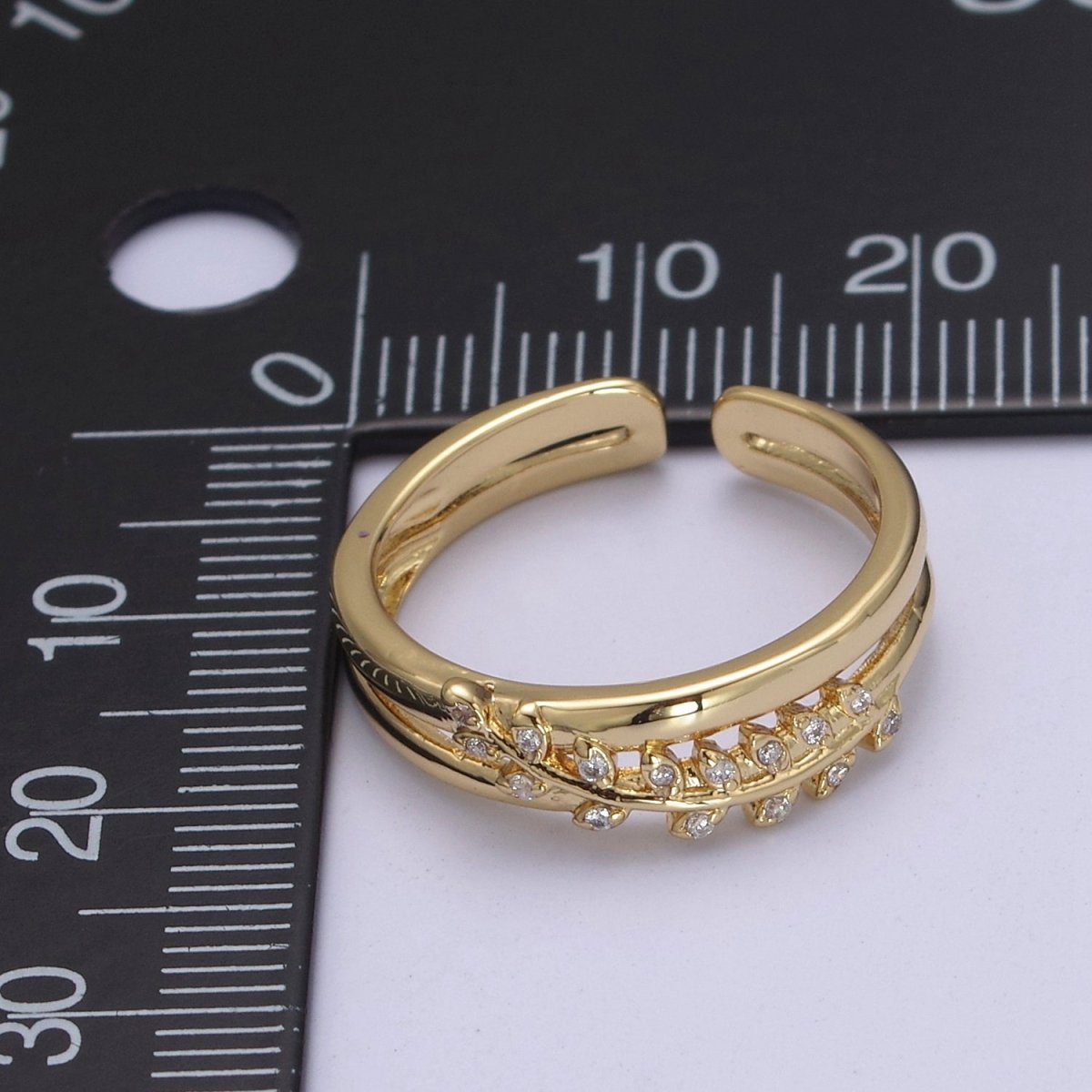 Gold plated Double Olive Branch Vine with Crystal Zirconia CZ Band Adjustable Ring in 24K Gold & Silver | U-386 U-387