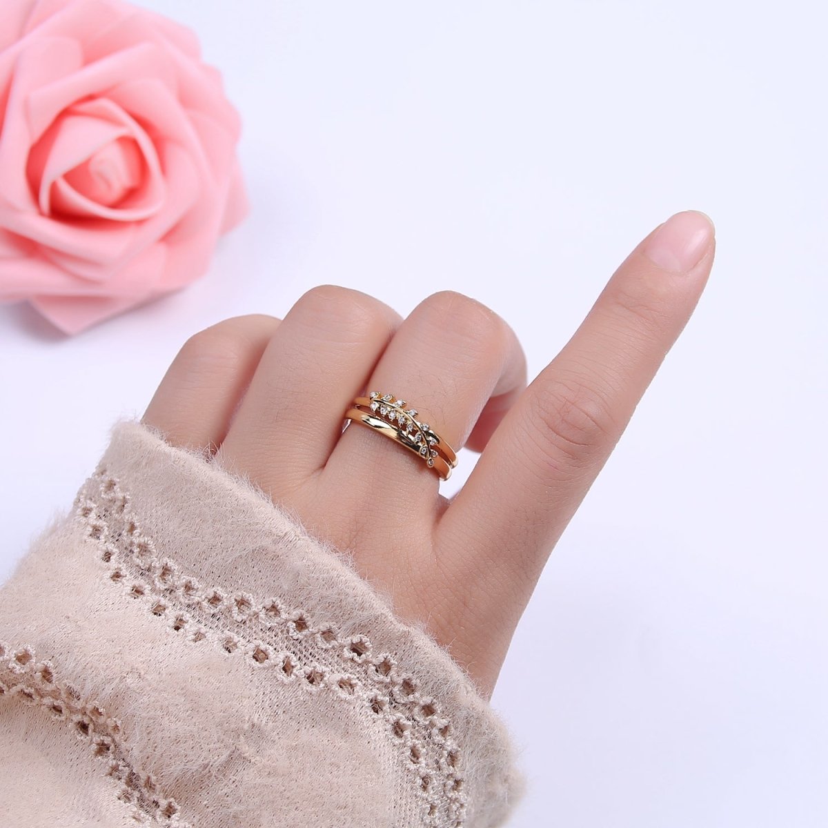 Gold plated Double Olive Branch Vine with Crystal Zirconia CZ Band Adjustable Ring in 24K Gold & Silver | U-386 U-387