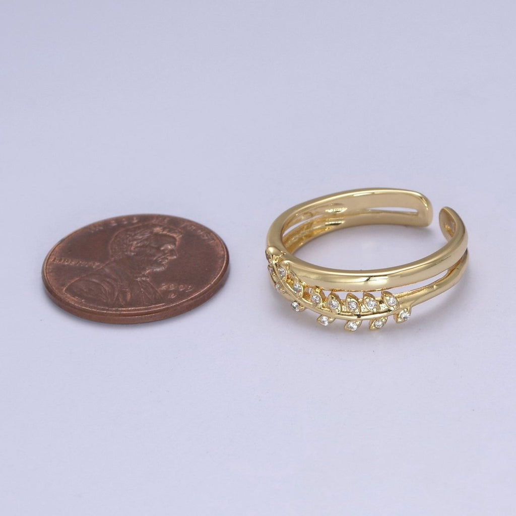 Gold plated Double Olive Branch Vine with Crystal Zirconia CZ Band Adjustable Ring in 24K Gold & Silver | U-386 U-387