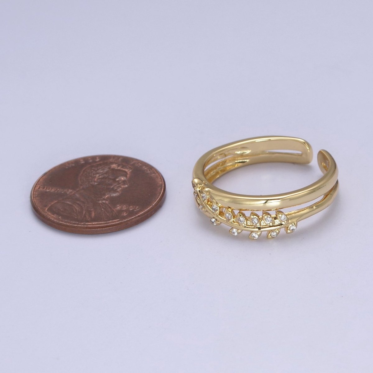 Gold plated Double Olive Branch Vine with Crystal Zirconia CZ Band Adjustable Ring in 24K Gold & Silver | U-386 U-387