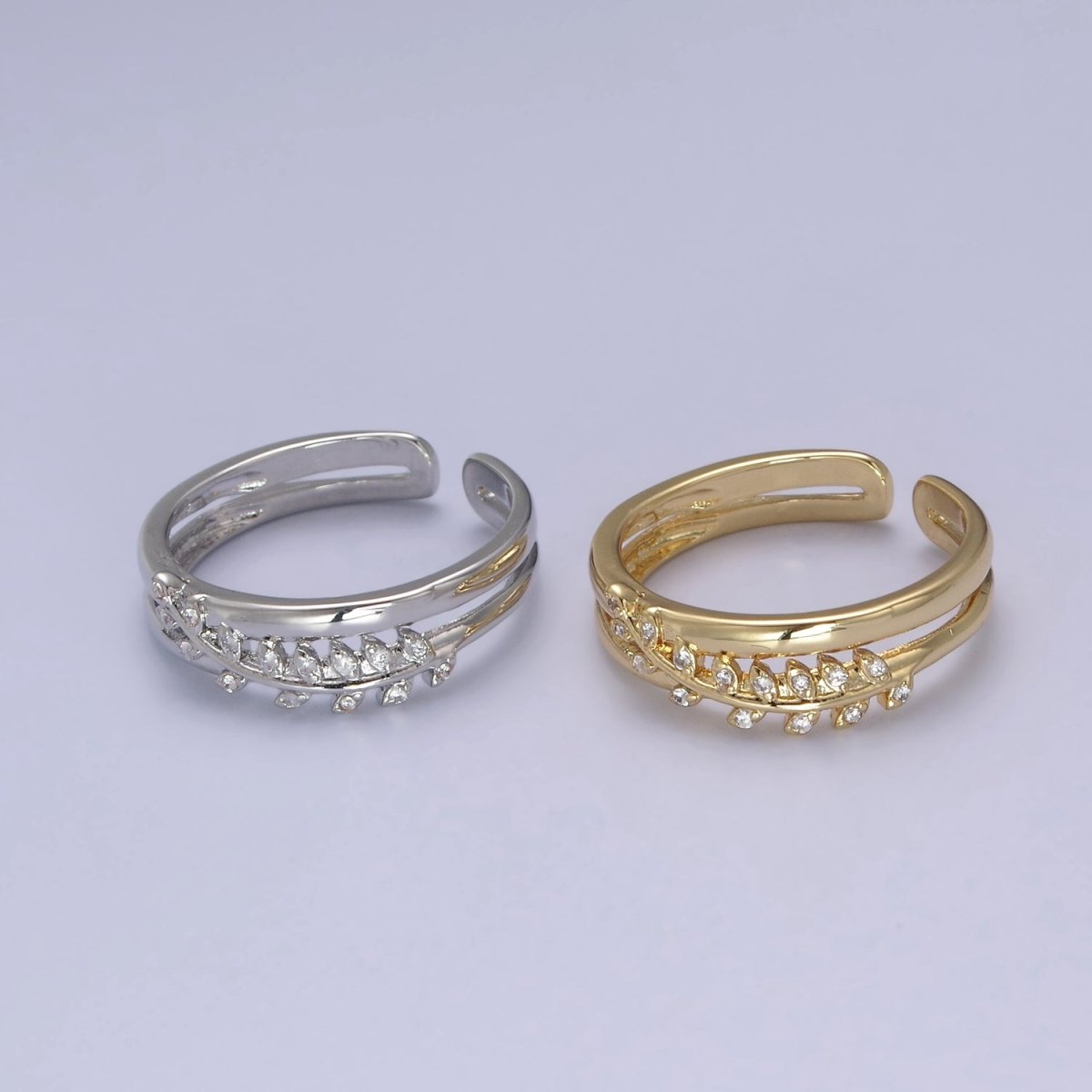 Gold plated Double Olive Branch Vine with Crystal Zirconia CZ Band Adjustable Ring in 24K Gold & Silver | U-386 U-387