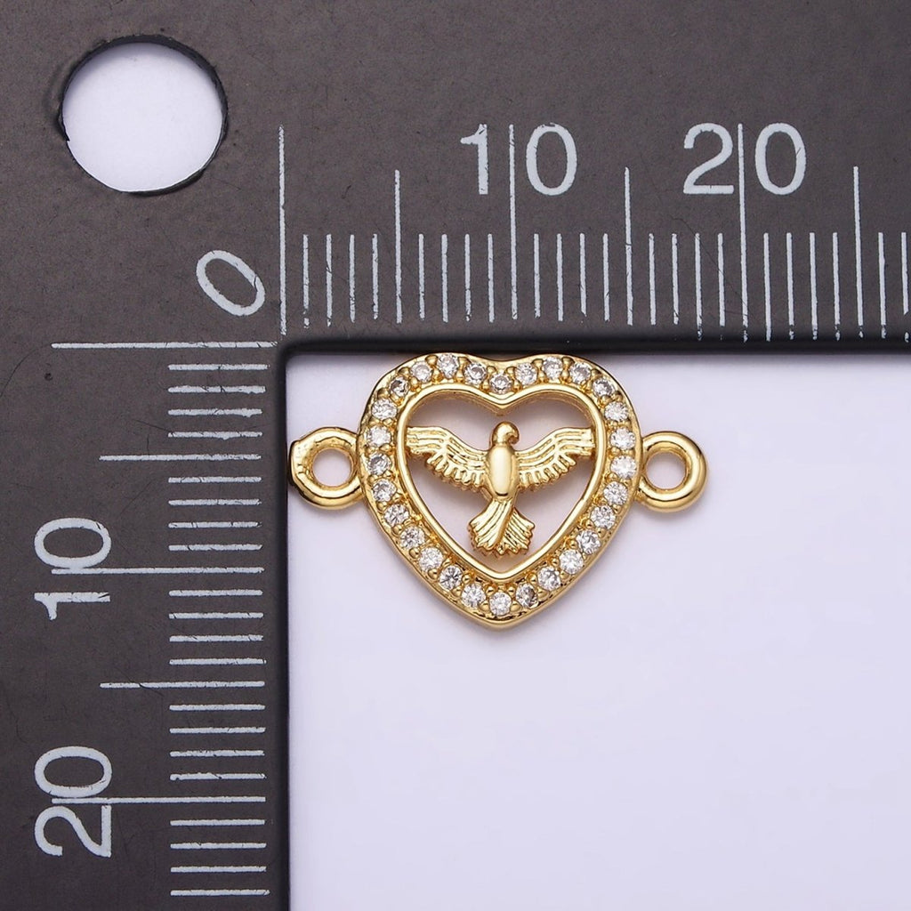 Gold plated Dove Bird Open Micro Paved CZ Heart Connector G-651 - DLUXCA