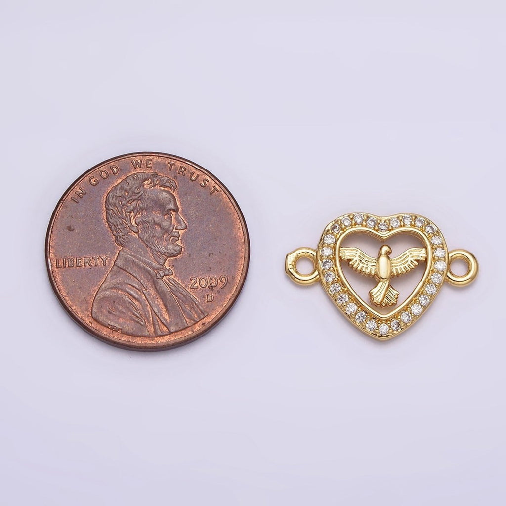 Gold plated Dove Bird Open Micro Paved CZ Heart Connector G-651 - DLUXCA