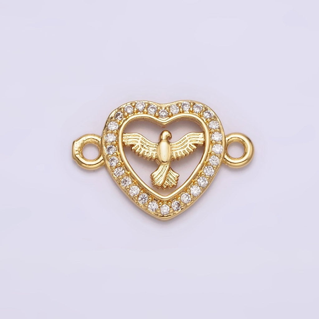 Gold plated Dove Bird Open Micro Paved CZ Heart Connector G-651 - DLUXCA