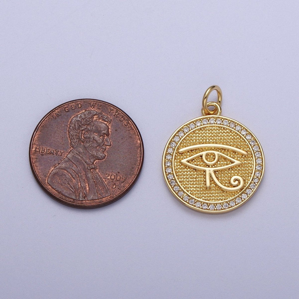 Gold plated Egyptian Eye of Ra 17mm Micro Paved CZ Textured Round Charm in Gold & Silver | C-343 C-352 - DLUXCA