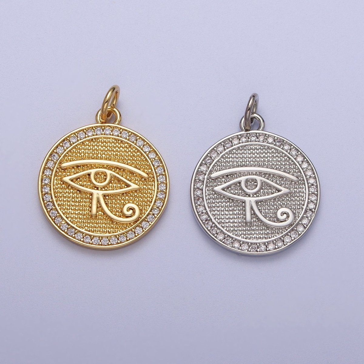 Gold plated Egyptian Eye of Ra 17mm Micro Paved CZ Textured Round Charm in Gold & Silver | C-343 C-352 - DLUXCA