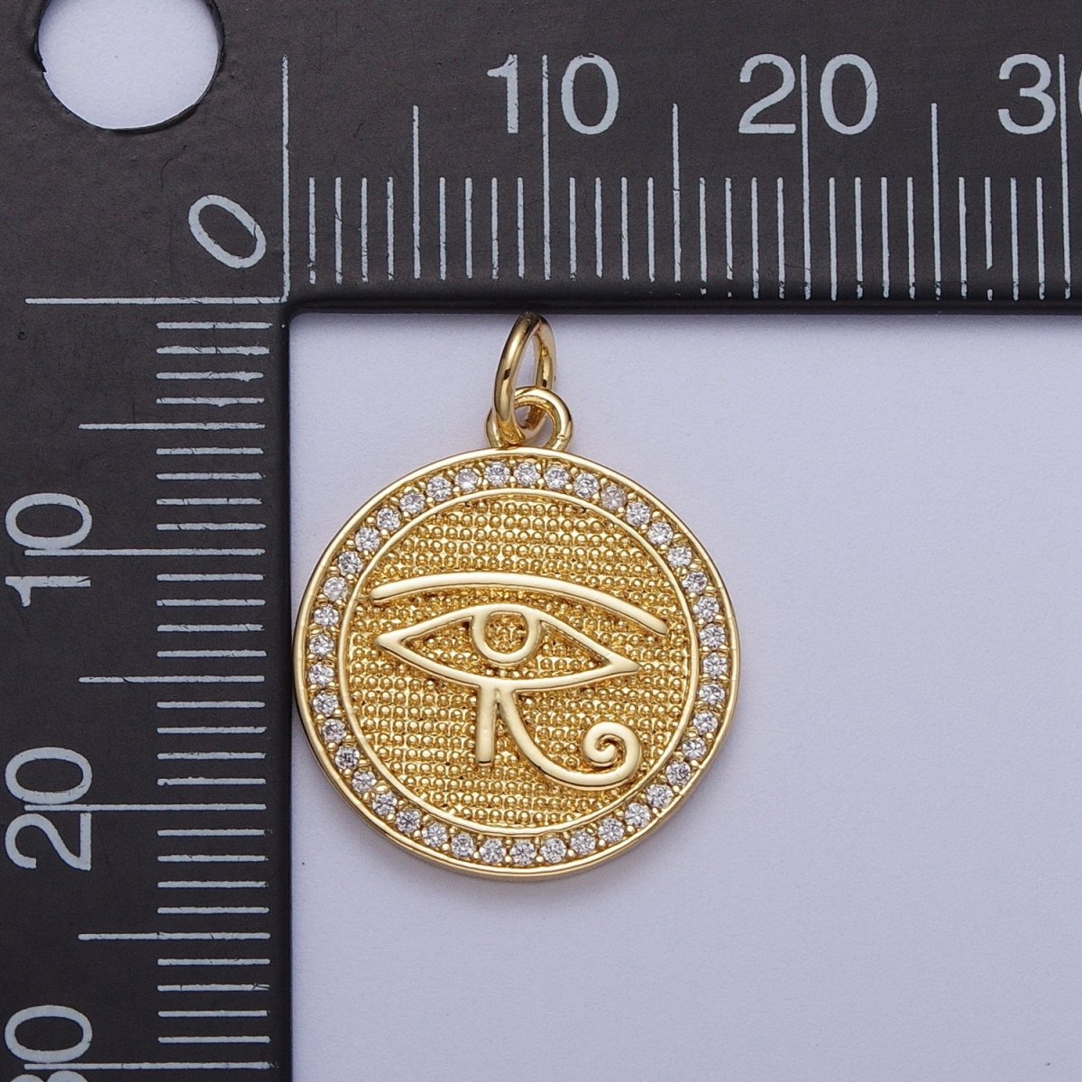 Gold plated Egyptian Eye of Ra 17mm Micro Paved CZ Textured Round Charm in Gold & Silver | C-343 C-352 - DLUXCA