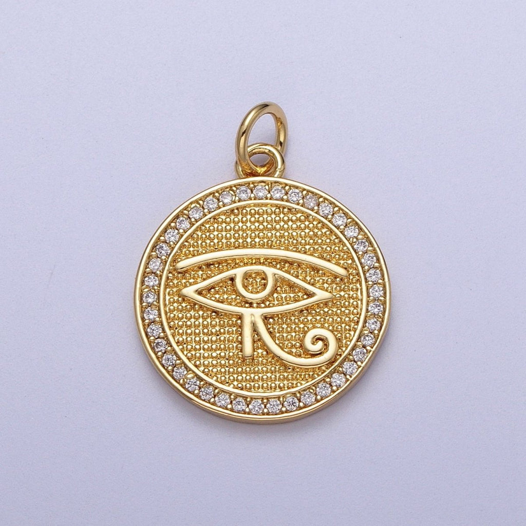 Gold plated Egyptian Eye of Ra 17mm Micro Paved CZ Textured Round Charm in Gold & Silver | C-343 C-352 - DLUXCA
