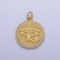 Gold plated Egyptian Eye of Ra 17mm Micro Paved CZ Textured Round Charm in Gold & Silver | C-343 C-352 - DLUXCA