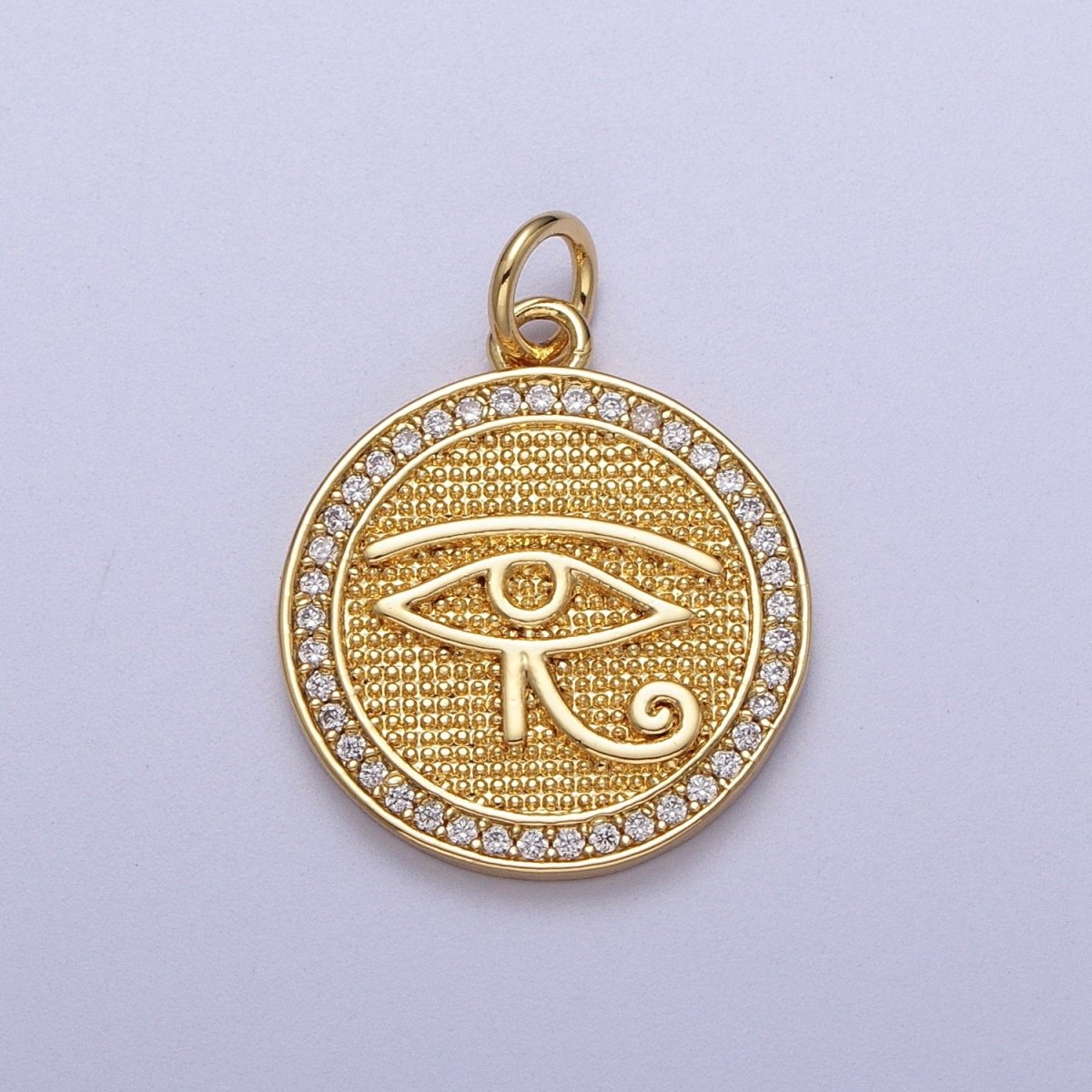 Gold plated Egyptian Eye of Ra 17mm Micro Paved CZ Textured Round Charm in Gold & Silver | C-343 C-352 - DLUXCA