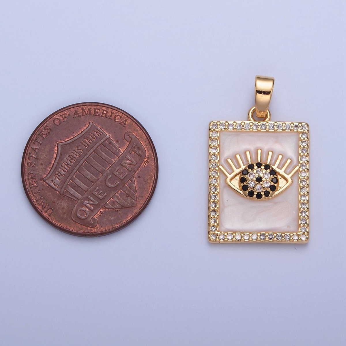 Gold plated Evil Eye Tag Pendant, Micro Pave Black & Clear CZ with White Enamel Eye of Ra Protection Tile Pendant H-064 - DLUXCA