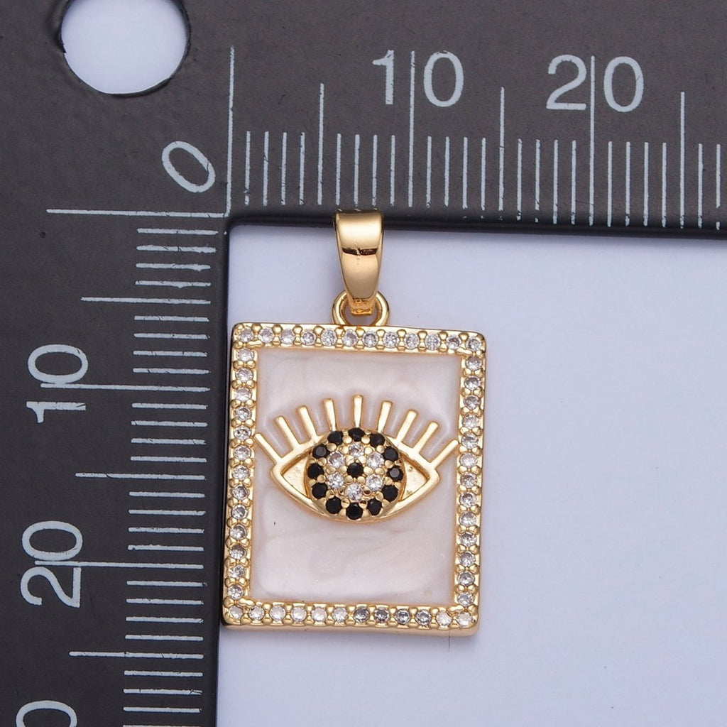 Gold plated Evil Eye Tag Pendant, Micro Pave Black & Clear CZ with White Enamel Eye of Ra Protection Tile Pendant H-064 - DLUXCA