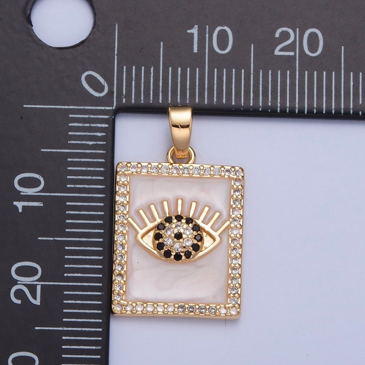 Gold plated Evil Eye Tag Pendant, Micro Pave Black & Clear CZ with White Enamel Eye of Ra Protection Tile Pendant H-064 - DLUXCA