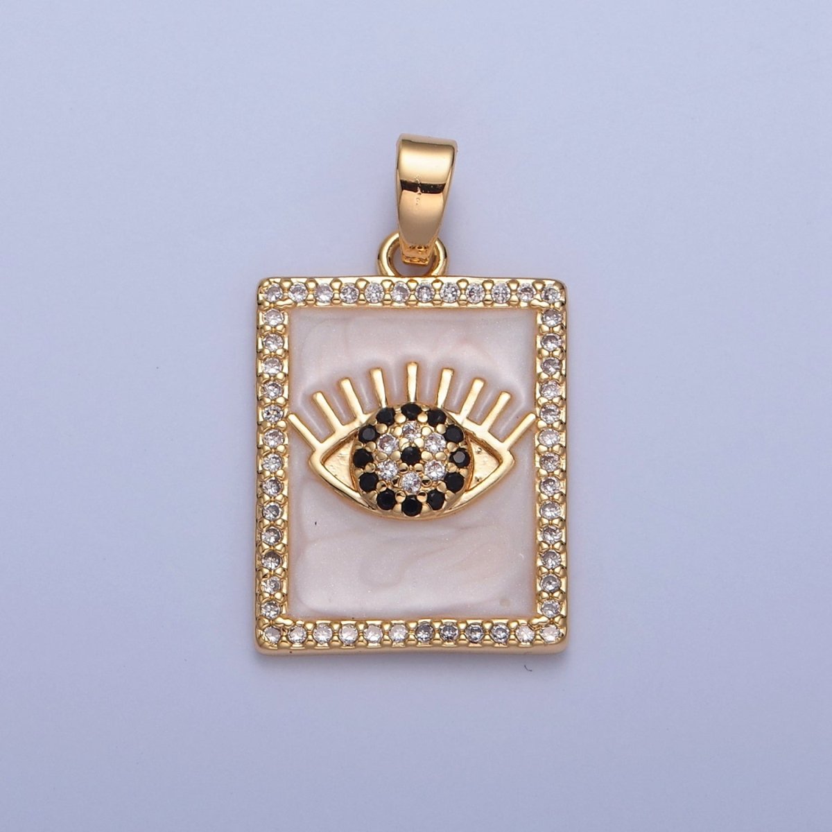 Gold plated Evil Eye Tag Pendant, Micro Pave Black & Clear CZ with White Enamel Eye of Ra Protection Tile Pendant H-064 - DLUXCA