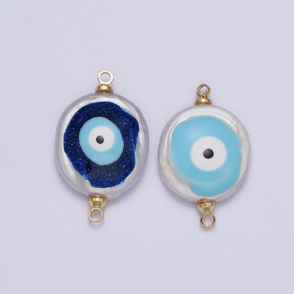 Gold plated Flat Button Pearl Connector with Glitter Blue Evil Eye Enamel Link Charm For Jewelry Making G-542 G-543
