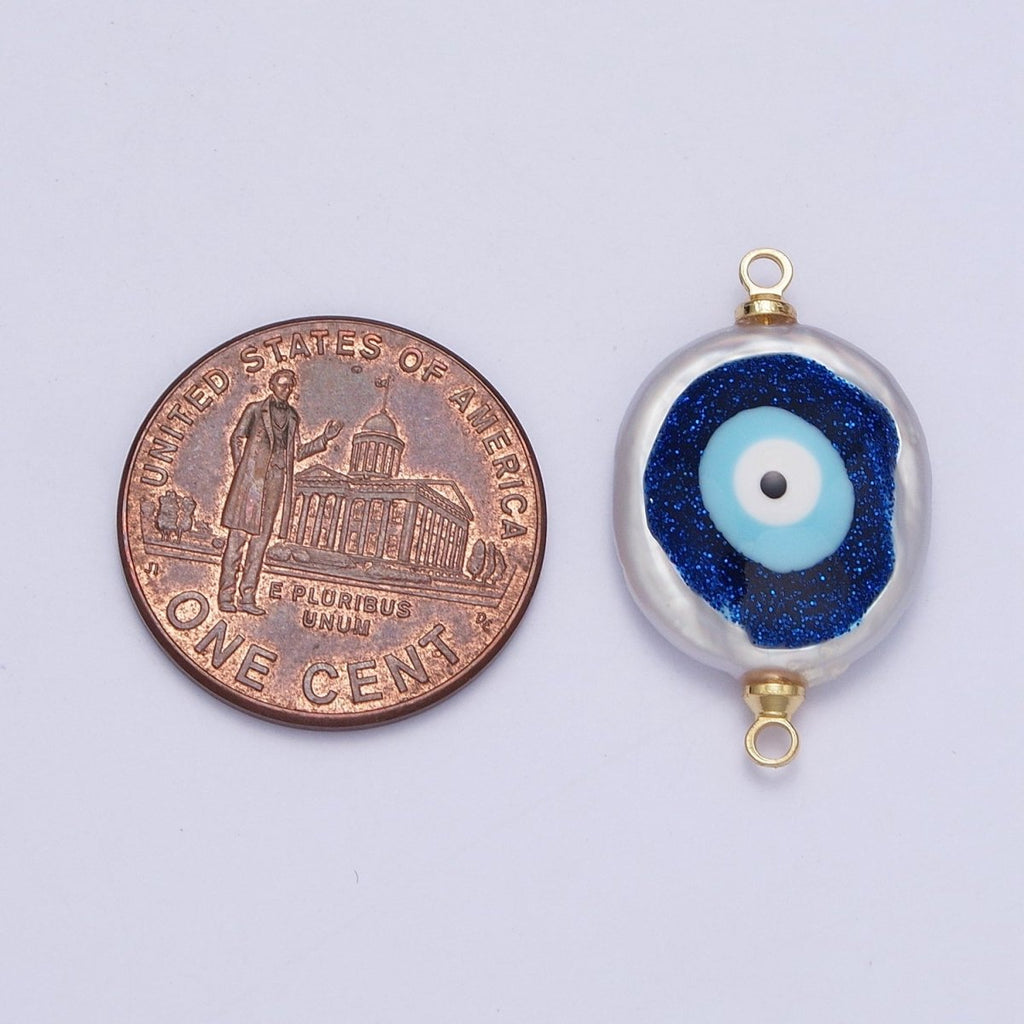 Gold plated Flat Button Pearl Connector with Glitter Blue Evil Eye Enamel Link Charm For Jewelry Making G-542 G-543