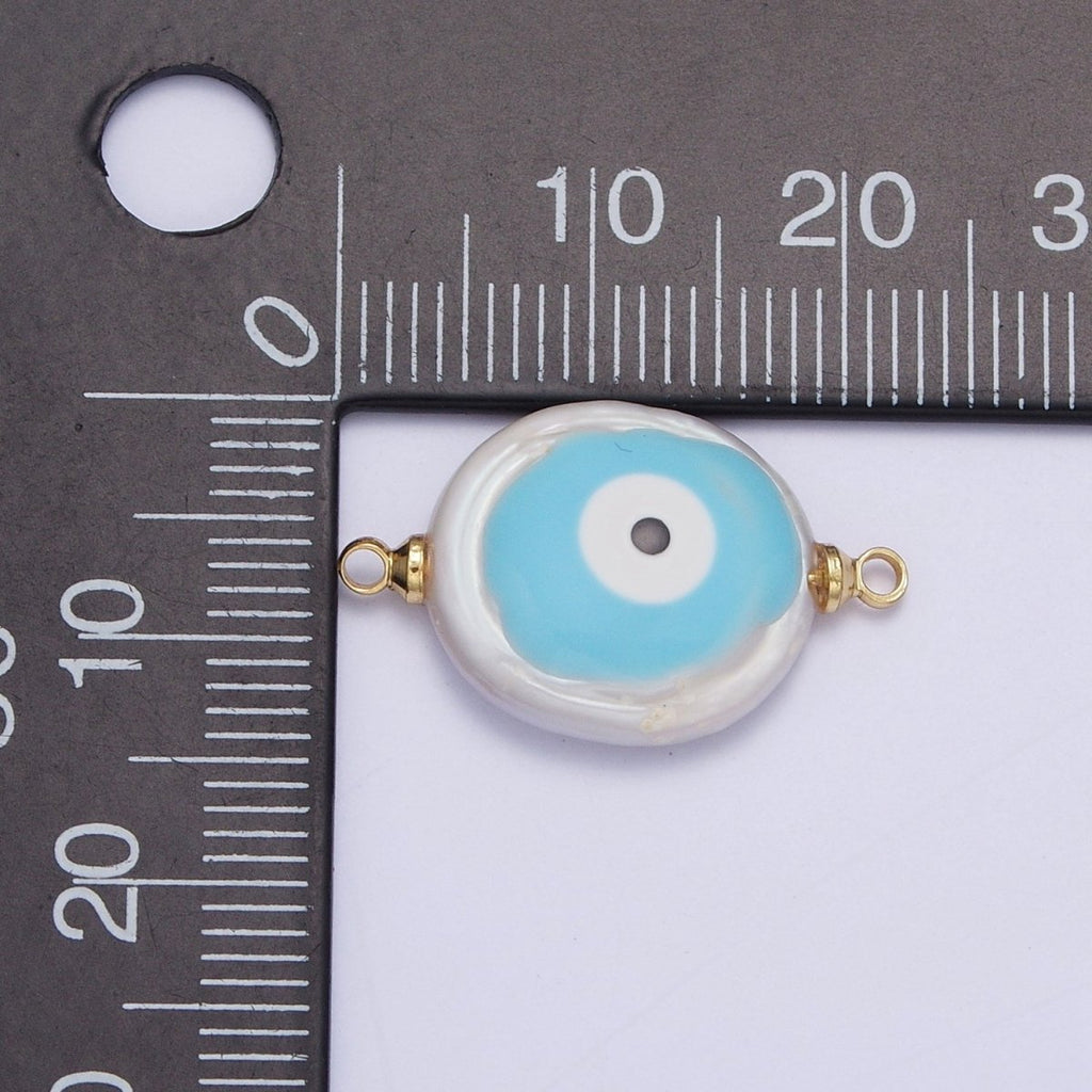 Gold plated Flat Button Pearl Connector with Glitter Blue Evil Eye Enamel Link Charm For Jewelry Making G-542 G-543