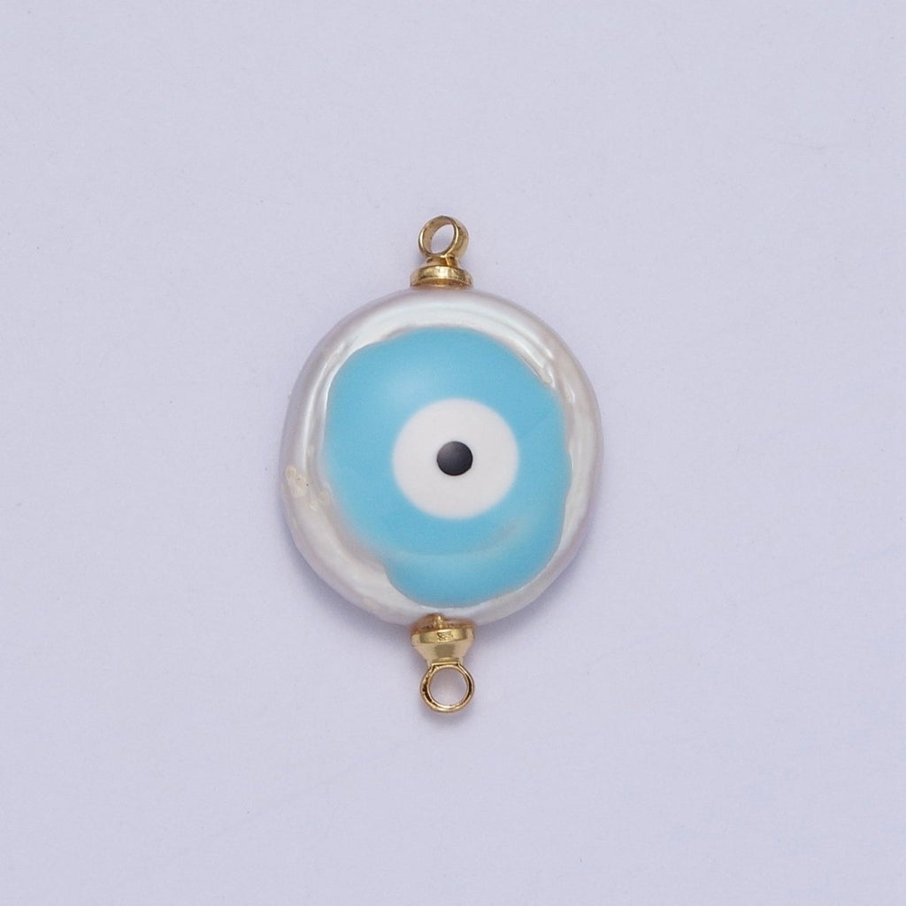 Gold plated Flat Button Pearl Connector with Glitter Blue Evil Eye Enamel Link Charm For Jewelry Making G-542 G-543