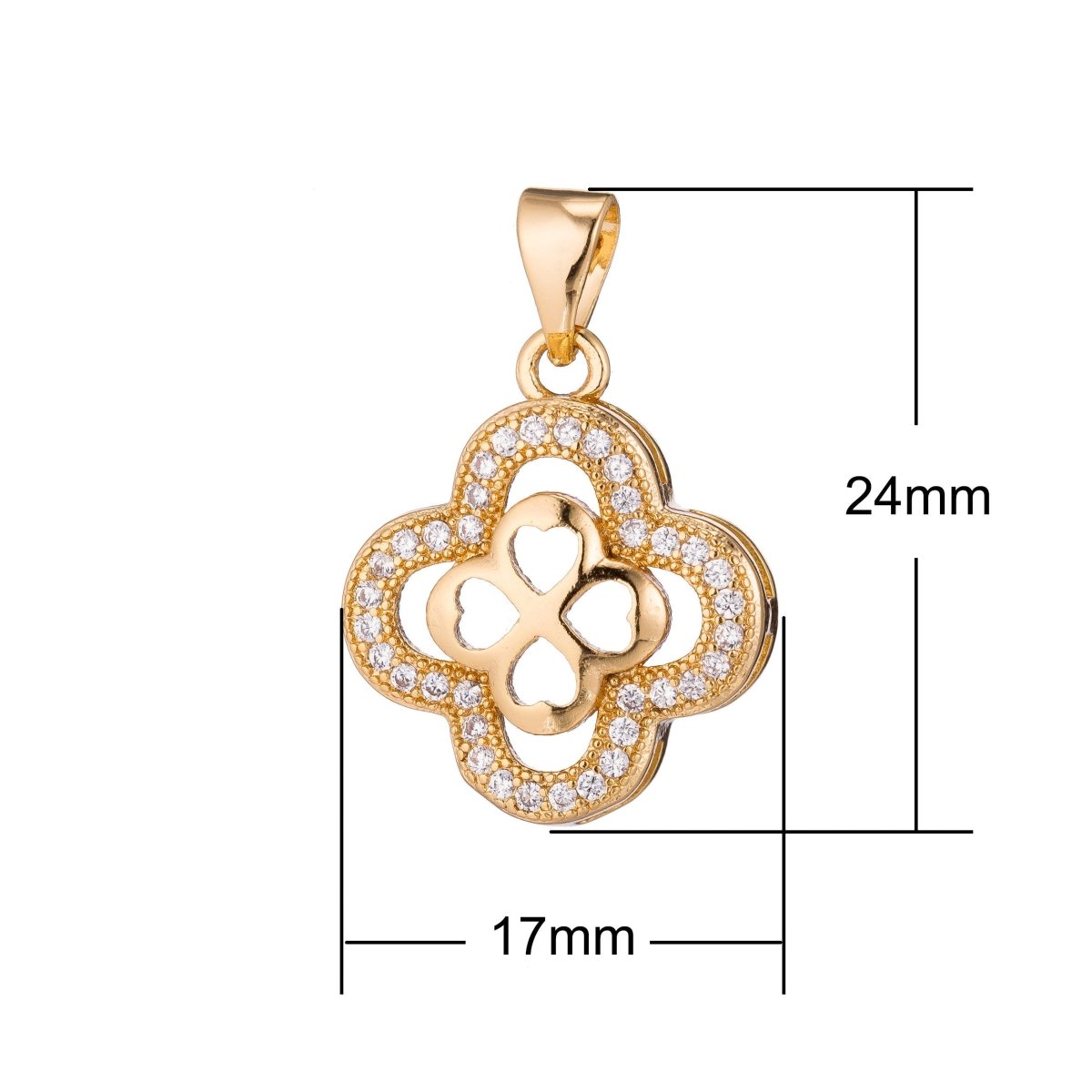 Gold plated four leaf clover Flower Hearts, lucky Lover Heaven, Love, Romantic, Cubic Zirconia Necklace Pendant Charm for jewelry making I-346 - DLUXCA