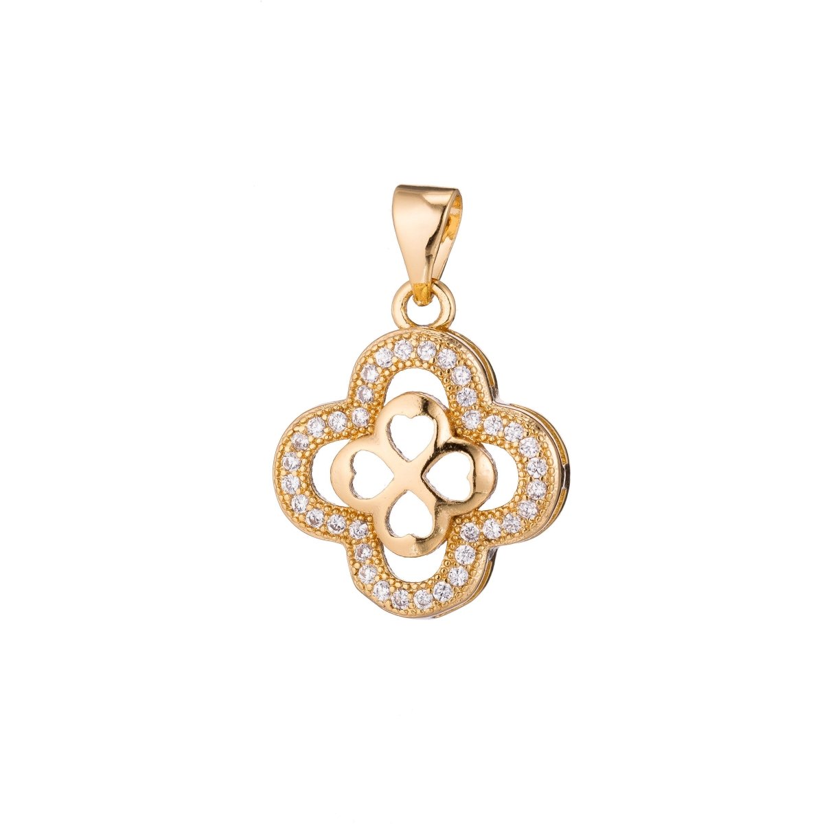 Gold plated four leaf clover Flower Hearts, lucky Lover Heaven, Love, Romantic, Cubic Zirconia Necklace Pendant Charm for jewelry making I-346 - DLUXCA